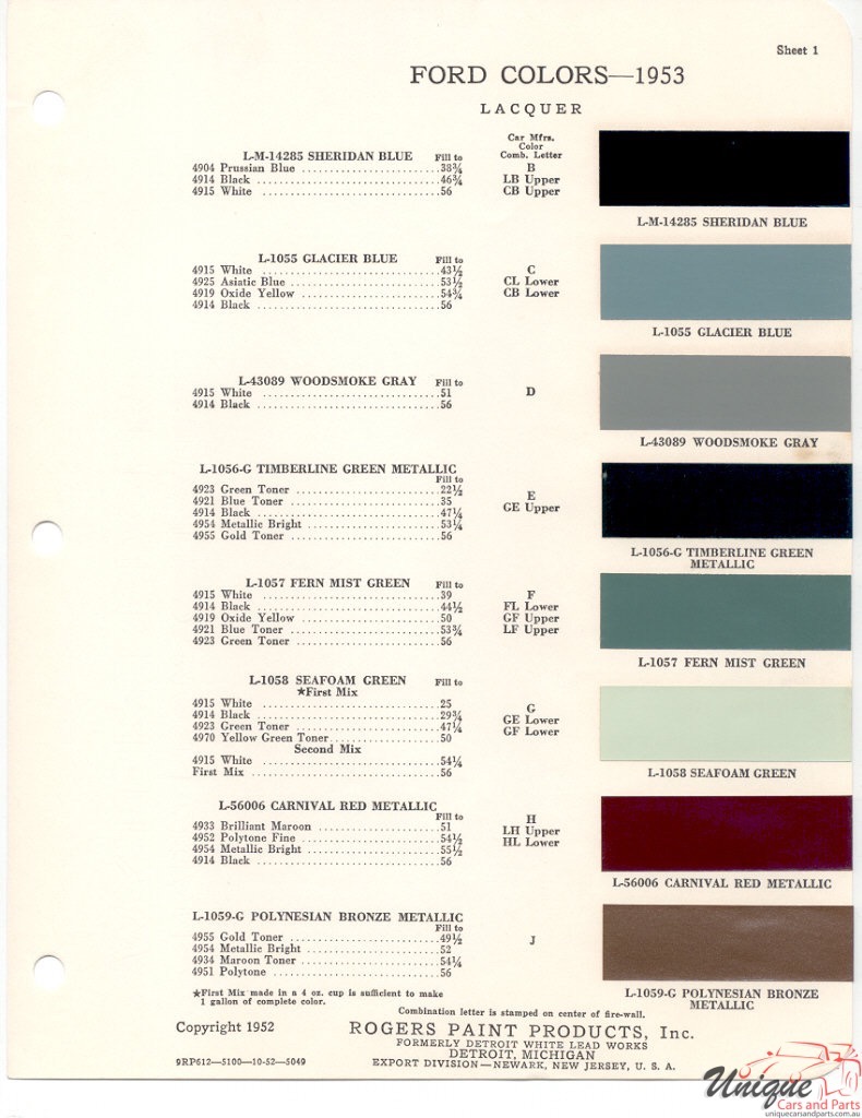 1953 Ford Paint Charts Rogers Pant